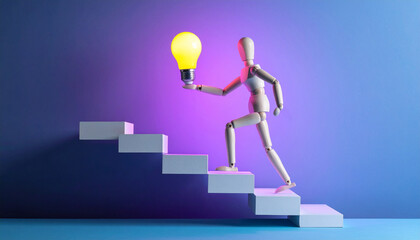 An illuminated light bulb held by wooden mannequin climbing a staircase, representing a symbol of innovation and progress
