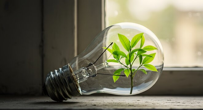 A lightbulb sprouting leaves like a plant, symbol of eco-innovation.