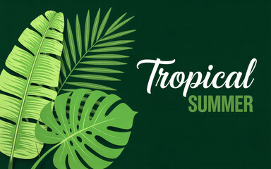 Green tropical leaves with 'Tropical SUMMER' text on a dark jungle background Botanical summer