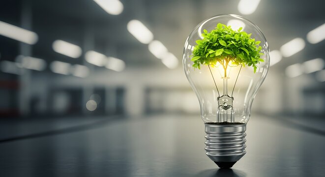 A lightbulb sprouting leaves like a plant, symbol of eco-innovation.