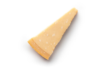 Parmesan cheese wedge, overhead flat lay shot, isolated on a white background