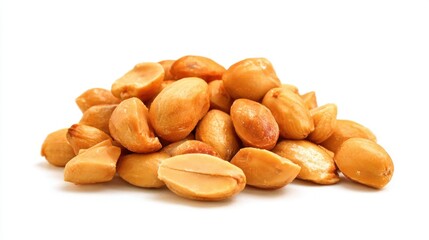 Obraz premium A colorful assortment of roasted peanuts displayed prominently against a white background, emphasizing their golden-brown color and varied shapes. Perfect for snacking or cooking.