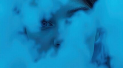 Fototapeta premium Mysterious face emerges from blue smoke, intense gaze
