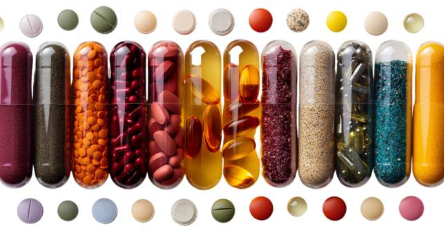Various Pills and Capsules in Vertical Row on White Background | Nutrition and Health Concept