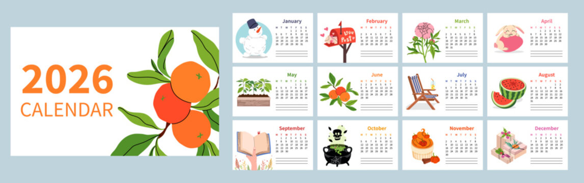 Bright 2026 calendar with cute monthly illustrations of seasons and holidays. 12 horizontal pages with cute illustrations for each month. For print, planners, blog and social media. Flat vector style.