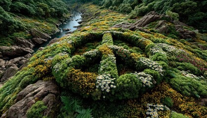Green meadow dotted with flowers shaped like peace signs.