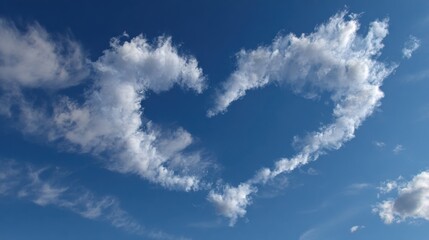 Fluffy clouds have formed a heart shape in the bright blue sky, evoking a feeling of love and warmth. This unique sight captures the beauty of nature on a sunny day.