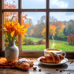 Autumnal window scene with coffee and croissants