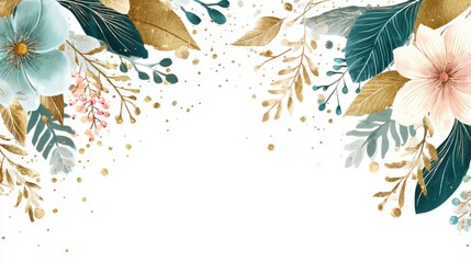 Delicate floral arrangement featuring blue and pink flowers with gold accents. Ideal for card design, event decorations, or artistic projects requiring a touch of elegance.