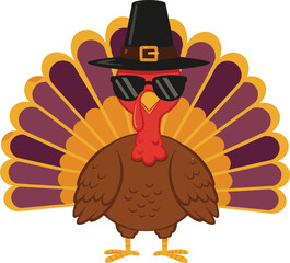 Funny Thanksgiving turkey cartoon wearing black sunglasses and pilgrim hat with colorful feathers, festive bird illustration for holiday celebration design.