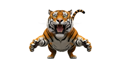 Cartoon tiger roaring with paws forward isolated PNG with Transparent Background