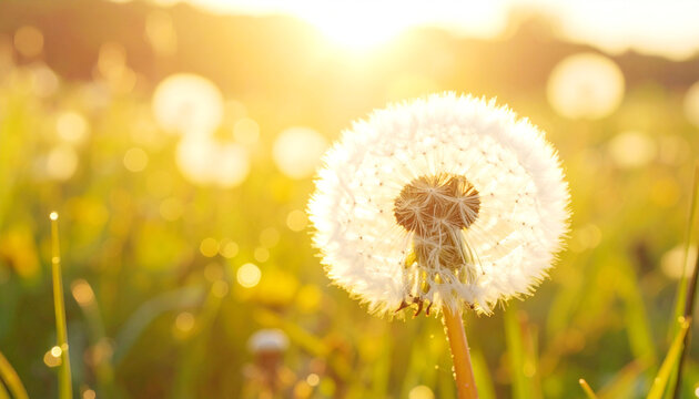 Golden hour dandelion seed head glowing in a sunny meadow with soft bokeh lights - Powered by Adobe