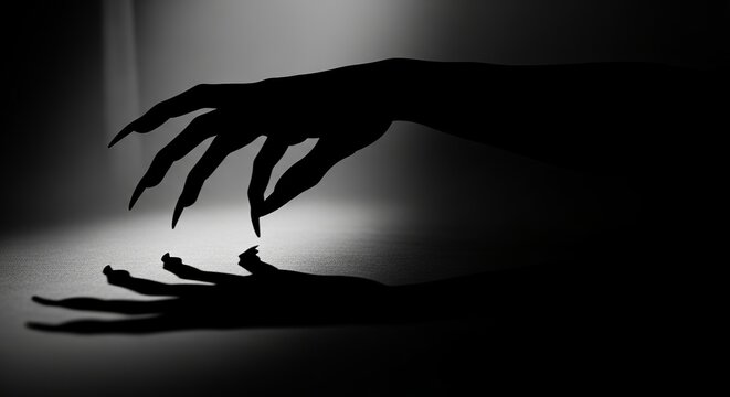 A grayscale image displaying a dark silhouette of a hand with long sharp fingers and its shadow