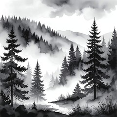 Misty mountain forest scene