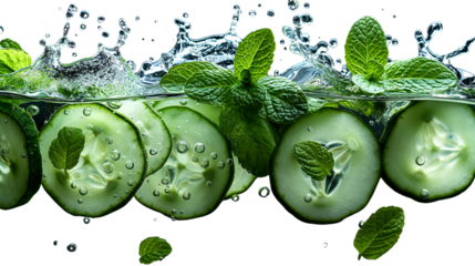 Fresh cucumber and mint splashing in water with bubbles isolated on white background – refreshing wellness concept