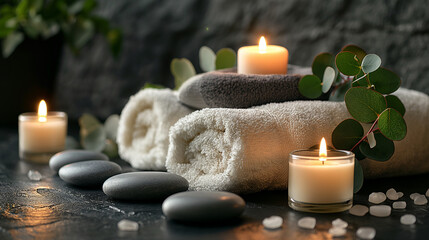 Spa relaxation scene with candles and stones | wellness and tranquility concept
