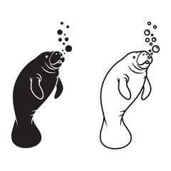 Creative Manatee Silhouette & Manatee Lineart – Manatee Vector Style with Modern Graphic Appeal – Manatee Illustration – Silhouette and Lineart Set of Manatee