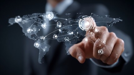 Man interacting with global network on a world map projection, dark backdrop
