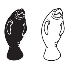 Flat Manatee Silhouette & Manatee Lineart – Manatee Vector Image Featuring Streamlined Geometry – Manatee Illustration – Silhouette and Lineart Set of Manatee