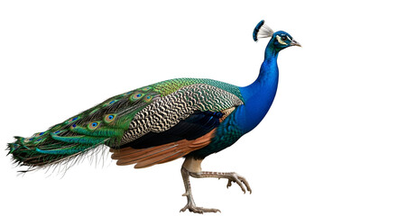 Obraz premium Graceful peacock walking isolated PNG with Transparent Background