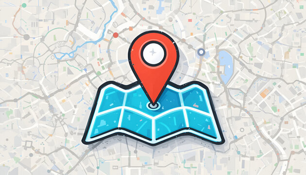A bright red map pin icon centered on a stylized blue folded map, overlaid on a detailed city street map background, signifying precise location