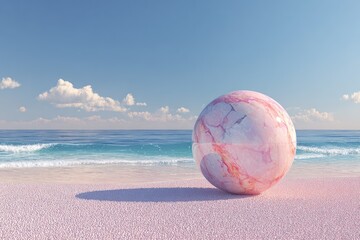 Obraz premium Pink marble sphere on a pink sandy beach. Vast ocean, light blue sky and fluffy white clouds complete the scene. 3D rendering