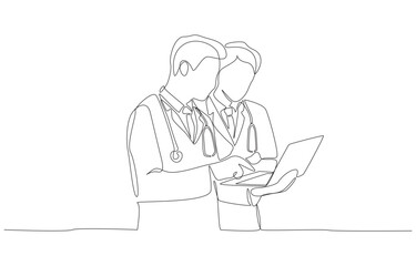 Continuous one line drawing of two doctors consulting and discussing information on laptop, symbolizing teamwork, collaboration in healthcare single line art.