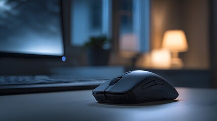 Modern wireless computer mouse on desk with cozy lighting, blurred monitor background and soft bokeh for office technology concept