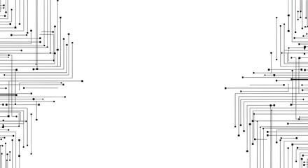 Abstract illustration of a circuit board design with lines and dots on a white background.