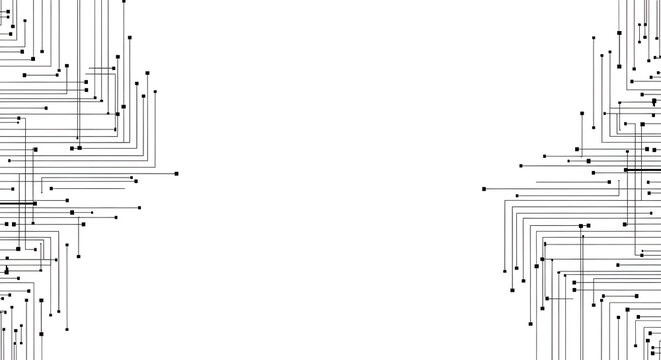 Abstract illustration of a circuit board design with lines and dots on a white background.