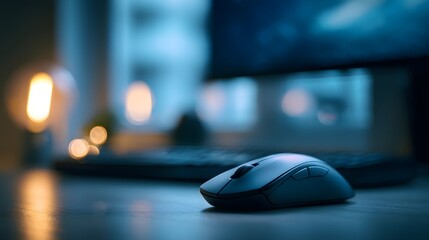 Modern wireless computer mouse on desk with cozy lighting, blurred monitor background and soft bokeh for office technology concept