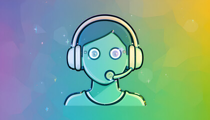 Stylized cartoon illustration of a person wearing a headset with a microphone, against a vibrant, colorful, and blurred background with subtle sparkling effects