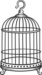 Elegant vintage birdcage illustration, black and white hand-drawn decorative cage with curled hook and legs, ideal for design, craft, and artwork projects.
