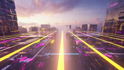A top-down isometric glowing neon stock market grid futuristic city at dawn. Wavy data streams grid, glass skyscrapers soft mist rolls buildings sunlight lines, clouds financial landscape. 4K seamless - Powered by Adobe