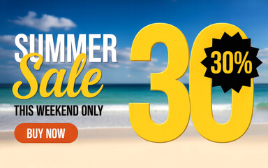 Summer Sale' text large yellow '30' '30 ' discount starburst 'BUY NOW' button Beach background