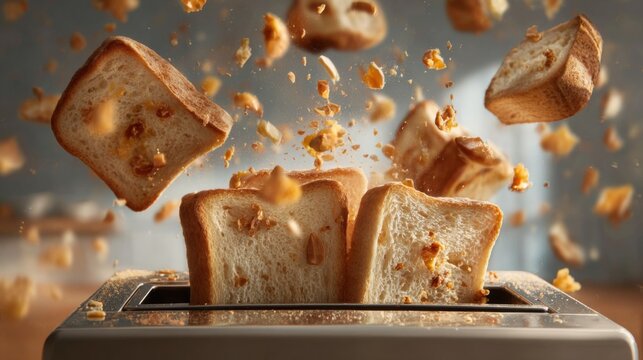 Slices of bread are toasting in a kitchen toaster, catapulting crumbs into the air. This lively moment captures the excitement of breakfast time, filled with anticipation for a delicious meal.