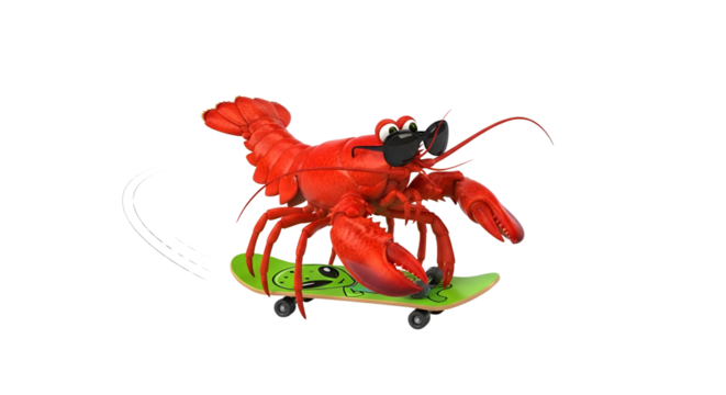 Lobster wearing sunglasses riding a skateboard isolated PNG with Transparent Background - Powered by Adobe