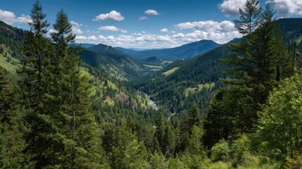 Obraz premium Lush green valleys stretch beneath rolling mountains, with a clear blue sky overhead. White clouds float peacefully, enhancing the tranquil atmosphere of this mid-afternoon landscape.