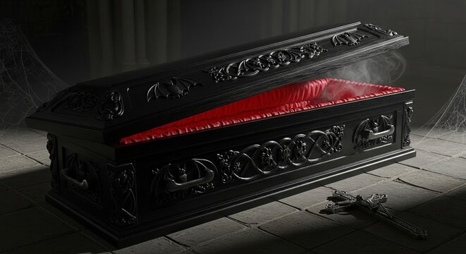 A slightly open ornate black coffin with red satin lining and a cross on the stone floor nearby