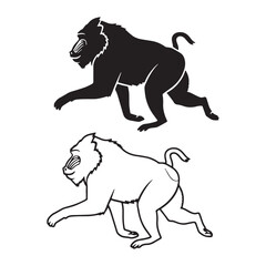 Elegant Mandrill Silhouette & Mandrill Lineart – Mandrill Vector Style with Smooth, Polished Finish – Mandrill Illustration – Silhouette and Lineart Set of Mandrill