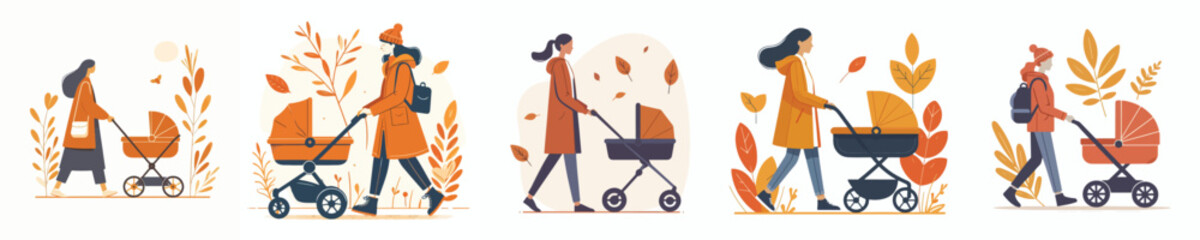 vector mother pushing baby carriage in autumn