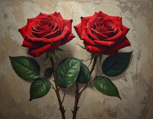 Two vibrant red roses on textured background
