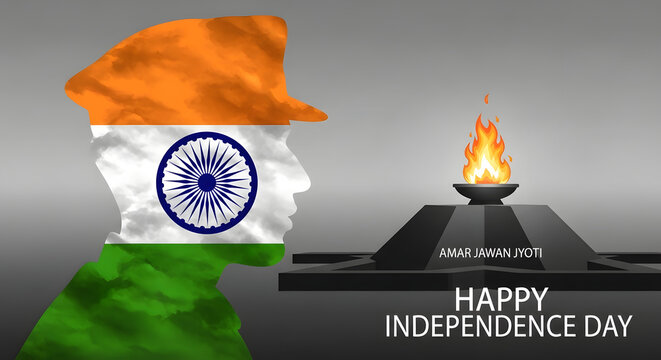 Indian soldier silhouette with flag, Amar Jawan Jyoti, Independence Day.