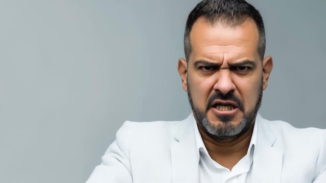 Professional businessman wearing white suit displaying intense anger while gesturing emphatically against neutral studio background, expressing workplace stress and emotional frustration