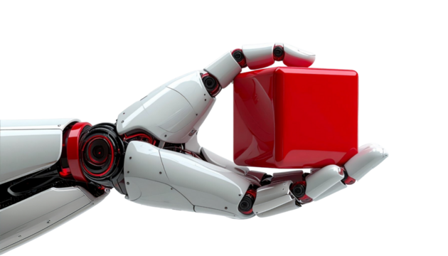 A robotic hand holding a vibrant red cube, symbolizing technology and innovation. The hand has intricate mechanical details