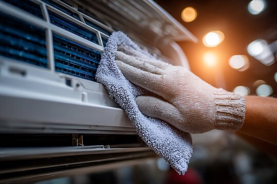 A hand in a work glove cleans the air conditioner, symbolizing maintenance, cleanliness, and home service.