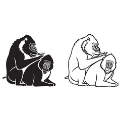 Polished Mandrill Silhouette & Mandrill Lineart – Mandrill Vector Drawing with Balanced Outline – Mandrill Illustration – Silhouette and Lineart Set of Mandrill