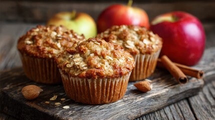 Warm apple muffins topped with oats are placed on a wooden board, accompanied by red apples and cinnamon sticks, creating a cozy autumn atmosphere.