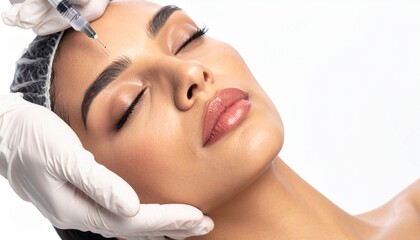 Naklejka premium A cosmetic procedure: a close-up of a woman undergoing a facial injection. Her eyes are closed, and she appears relaxed as the injection is administered.