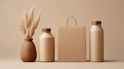 Minimalist still life with brown paper bag, two ceramic bottles, and grass arrangement on a soft neutral background for aesthetic appeal and branding concepts